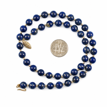 Load image into Gallery viewer, 7mm Lapis Lazuli &amp; 14k Gold Beads Necklace with Filigree Clasp