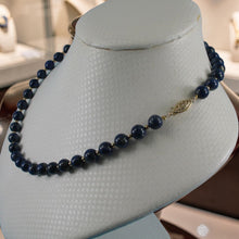 Load image into Gallery viewer, 7mm Lapis Lazuli &amp; 14k Gold Beads Necklace with Filigree Clasp