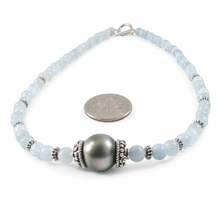 Load image into Gallery viewer, 5mm Aquamarine &amp; Gold-Plated Bali Beads Black Tahitian Pearl Necklace