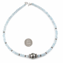 Load image into Gallery viewer, 5mm Aquamarine &amp; Gold-Plated Bali Beads Black Tahitian Pearl Necklace