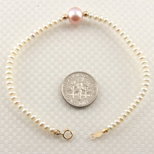 740802-36-Genuine-White-Mini-Pearls-Center-Pink-Pearl-Bracelet-14k-Gold-Clasp
