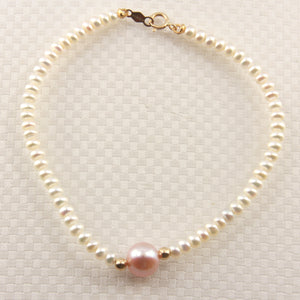 740802-36-Genuine-White-Mini-Pearls-Center-Pink-Pearl-Bracelet-14k-Gold-Clasp