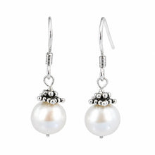 Load image into Gallery viewer, Solid .925 Sterling Silver Bali Bead White Pearl Hook Earrings