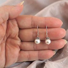 Load image into Gallery viewer, Solid .925 Sterling Silver Bali Bead White Pearl Hook Earrings