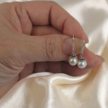 Load image into Gallery viewer, Solid .925 Sterling Silver Bali Bead White Pearl Hook Earrings
