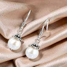 Load image into Gallery viewer, Solid .925 Sterling Silver Bali Bead White Pearl Hook Earrings