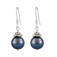 Load image into Gallery viewer, Solid .925 Sterling Silver Bali Bead Black Pearl Hook Earrings