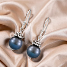 Load image into Gallery viewer, Solid .925 Sterling Silver Bali Bead Black Pearl Hook Earrings