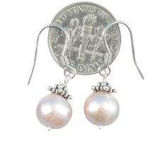 Load image into Gallery viewer, Solid .925 Sterling Silver Bali Bead Pink Pearl Hook Earrings