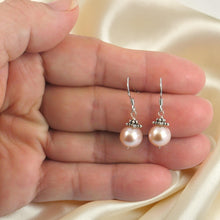 Load image into Gallery viewer, Solid .925 Sterling Silver Bali Bead Pink Pearl Hook Earrings