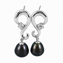 Load image into Gallery viewer, Sterling Silver .925 Black Pearl &amp; CZ Dangle Earrings