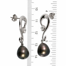 Load image into Gallery viewer, Sterling Silver .925 Black Pearl &amp; CZ Dangle Earrings