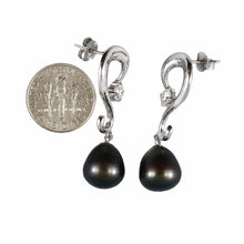 Load image into Gallery viewer, Sterling Silver .925 Black Pearl &amp; CZ Dangle Earrings