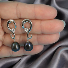 Load image into Gallery viewer, Sterling Silver .925 Black Pearl &amp; CZ Dangle Earrings