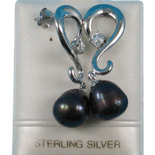Load image into Gallery viewer, Sterling Silver .925 Black Pearl &amp; CZ Dangle Earrings