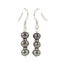 Load image into Gallery viewer, Sterling Silver Bali Bead Black Pearl Hook Earrings