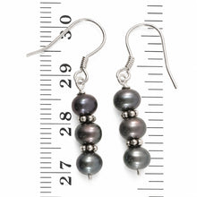 Load image into Gallery viewer, Sterling Silver Bali Bead Black Pearl Hook Earrings