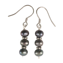 Load image into Gallery viewer, Sterling Silver Bali Bead Black Pearl Hook Earrings