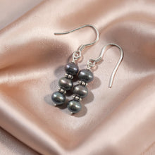 Load image into Gallery viewer, Sterling Silver Bali Bead Black Pearl Hook Earrings