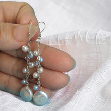 Load image into Gallery viewer, Solid .925 Silver Coin Pearl O Chain Dangle Hook Earrings