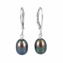Load image into Gallery viewer, Sterling Silver Black Pearl Leverback Dangle Earrings