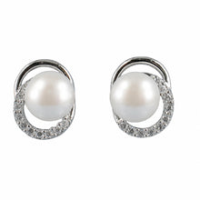 Load image into Gallery viewer, Sterling Silver 9mm White Pearl &amp; CZ Stud Earrings