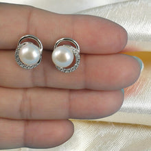Load image into Gallery viewer, Sterling Silver 9mm White Pearl &amp; CZ Stud Earrings