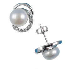 Load image into Gallery viewer, Sterling Silver 9mm White Pearl &amp; CZ Stud Earrings