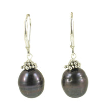 Load image into Gallery viewer, Sterling Silver Bali Bead Black Pearl Leverback Earrings