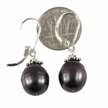 Load image into Gallery viewer, Sterling Silver Bali Bead Black Pearl Leverback Earrings
