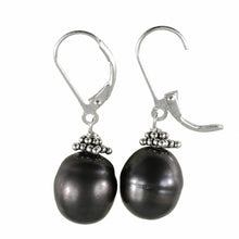 Load image into Gallery viewer, Sterling Silver Bali Bead Black Pearl Leverback Earrings