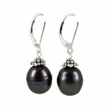 Load image into Gallery viewer, Sterling Silver Bali Bead Black Pearl Leverback Earrings