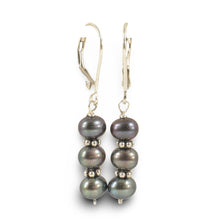 Load image into Gallery viewer, Sterling Silver Bali Bead Black Pearl Leverback Earrings