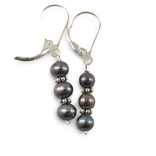 Load image into Gallery viewer, Sterling Silver Bali Bead Black Pearl Leverback Earrings