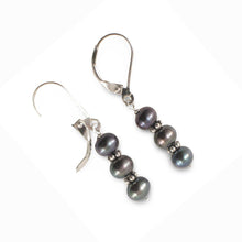 Load image into Gallery viewer, Sterling Silver Bali Bead Black Pearl Leverback Earrings