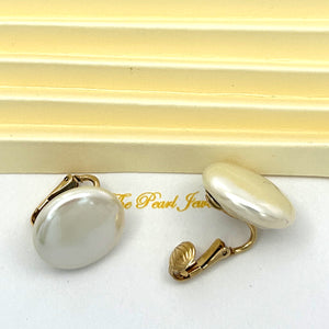 9100349 NON-PIERCED CLIP-ON WHITE COIN PEARL 14KT YELLOW GOLD-FILLED EARRINGS