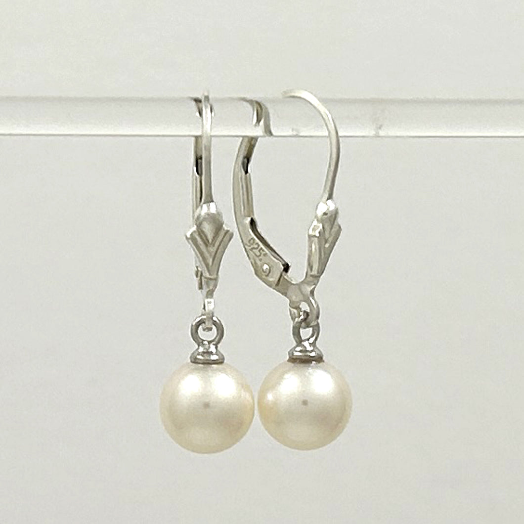 9100380 Silver 925 Fleur De Lis Leverback 7-7.5mm White Cultured Pearl Earrings