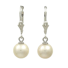 Load image into Gallery viewer, Sterling Silver 7.5–8mm White Pearl Fleur De Lis Leverback Earrings