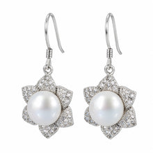 Load image into Gallery viewer, Sterling Silver White Pearl CZ Flower Hook Earrings