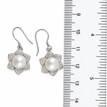 Load image into Gallery viewer, Sterling Silver White Pearl CZ Flower Hook Earrings