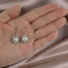 Load image into Gallery viewer, Sterling Silver White Pearl CZ Flower Hook Earrings