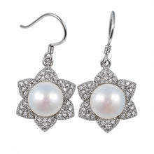 Load image into Gallery viewer, Sterling Silver White Pearl CZ Flower Hook Earrings