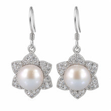 Load image into Gallery viewer, Sterling Silver Pink Pearl CZ Flower Hook Earrings
