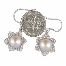 Load image into Gallery viewer, Sterling Silver Pink Pearl CZ Flower Hook Earrings