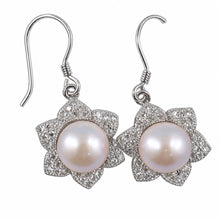 Load image into Gallery viewer, Sterling Silver Pink Pearl CZ Flower Hook Earrings