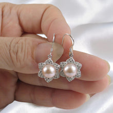 Load image into Gallery viewer, Sterling Silver Pink Pearl CZ Flower Hook Earrings