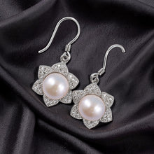 Load image into Gallery viewer, Sterling Silver Pink Pearl CZ Flower Hook Earrings