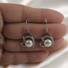 Load image into Gallery viewer, Sterling Silver White Pearl CZ Heart Hook Earrings