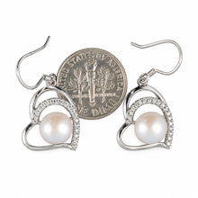Load image into Gallery viewer, Sterling Silver Pink Pearl CZ Heart Hook Earrings