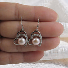 Load image into Gallery viewer, Sterling Silver Pink Pearl CZ Heart Hook Earrings